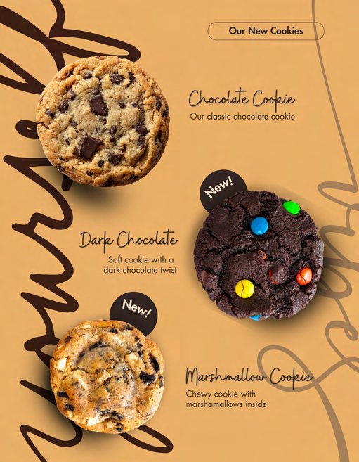 Product flyer for a cookie selection, with three photographed cookies and handwritten script lettering.
