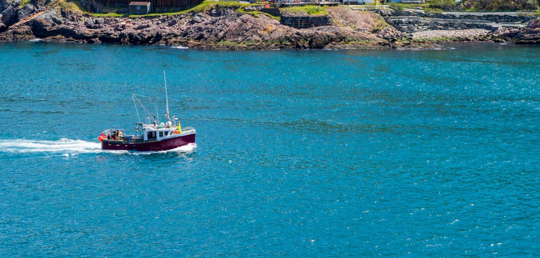 A small fishing boat crossing a bay in front of a low rocky shoreline, colour-graded.