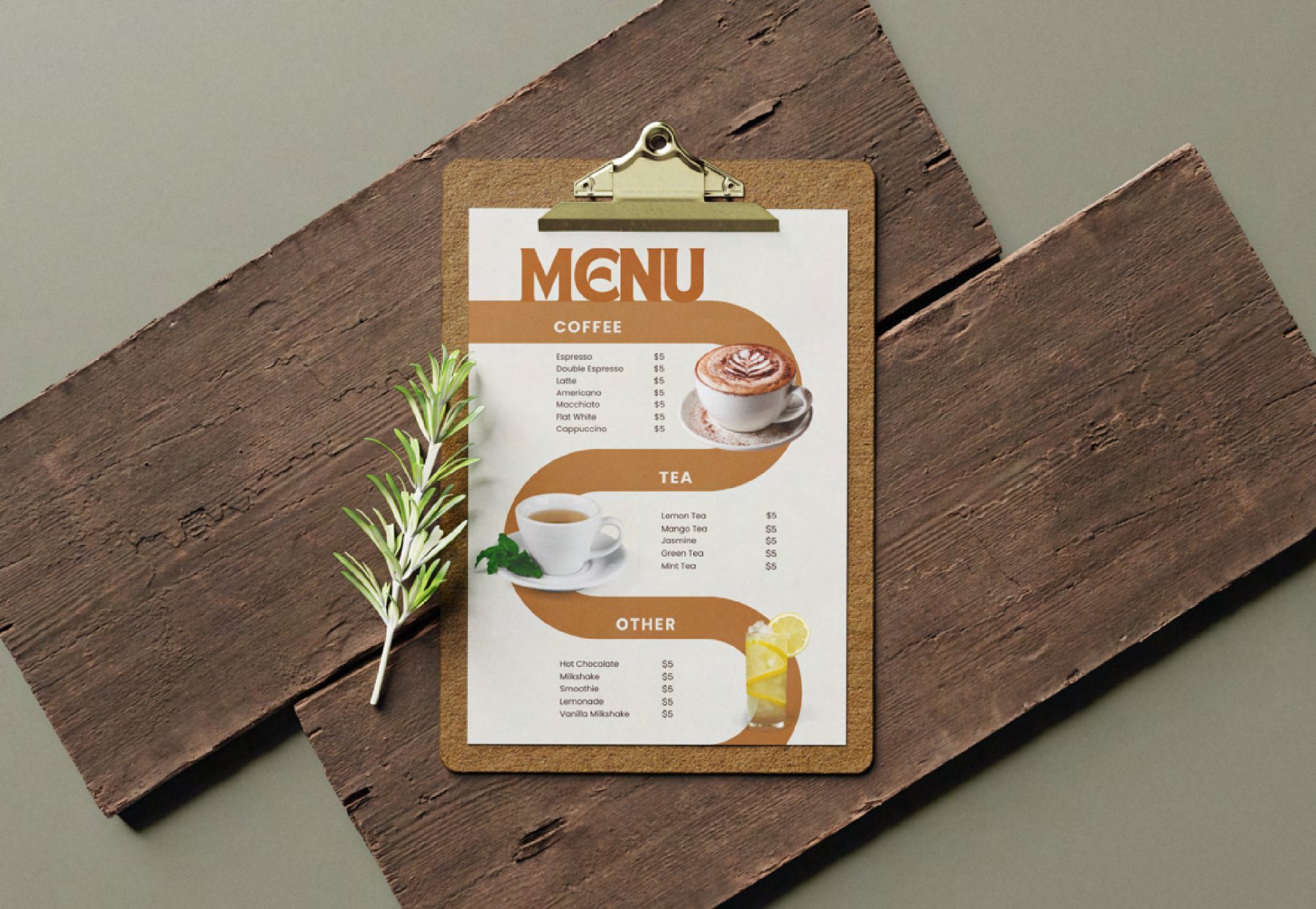 A printed coffee and tea menu clipped to a wooden board beside a sprig of rosemary.