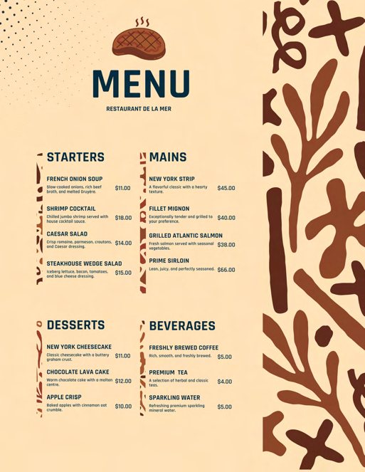 A restaurant menu laid out in two columns on a warm beige background with a decorative border.