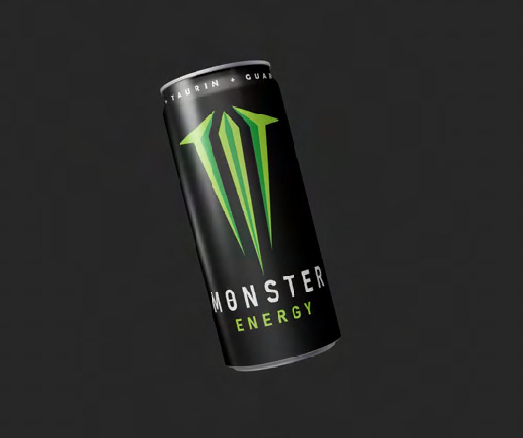 Product mockup of a black energy drink can with a green claw graphic, on a dark background.