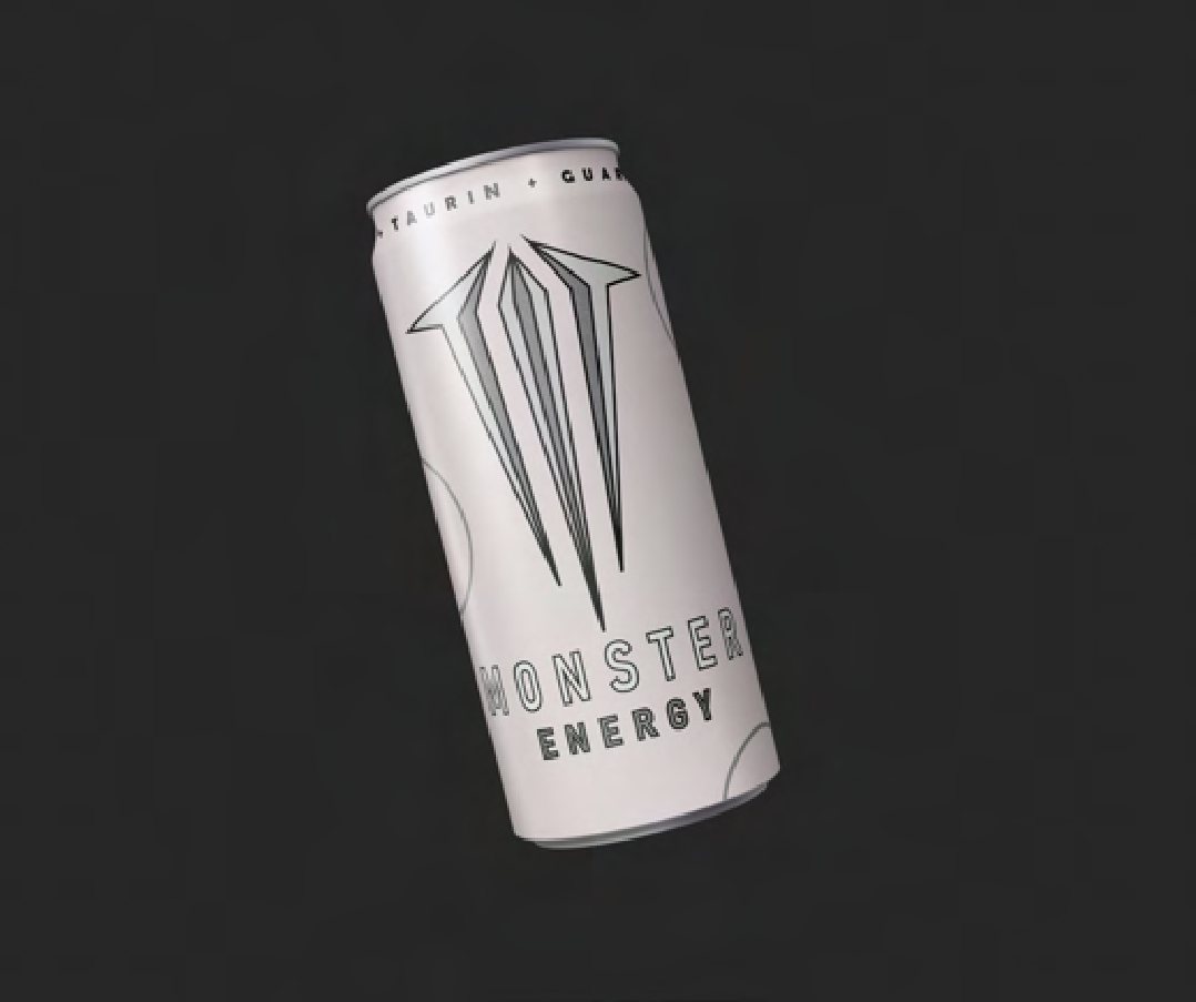 Product mockup of a white energy drink can with a debossed claw graphic, on a dark background.