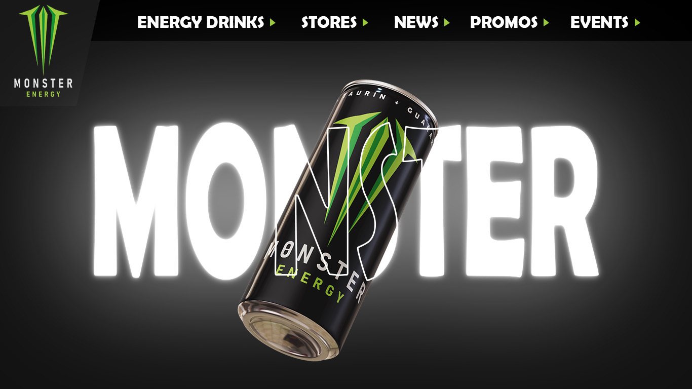Dark energy drink landing page design with oversized display type breaking across a product can.