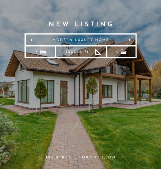 Real estate New Listing social post over a photograph of a modern house.