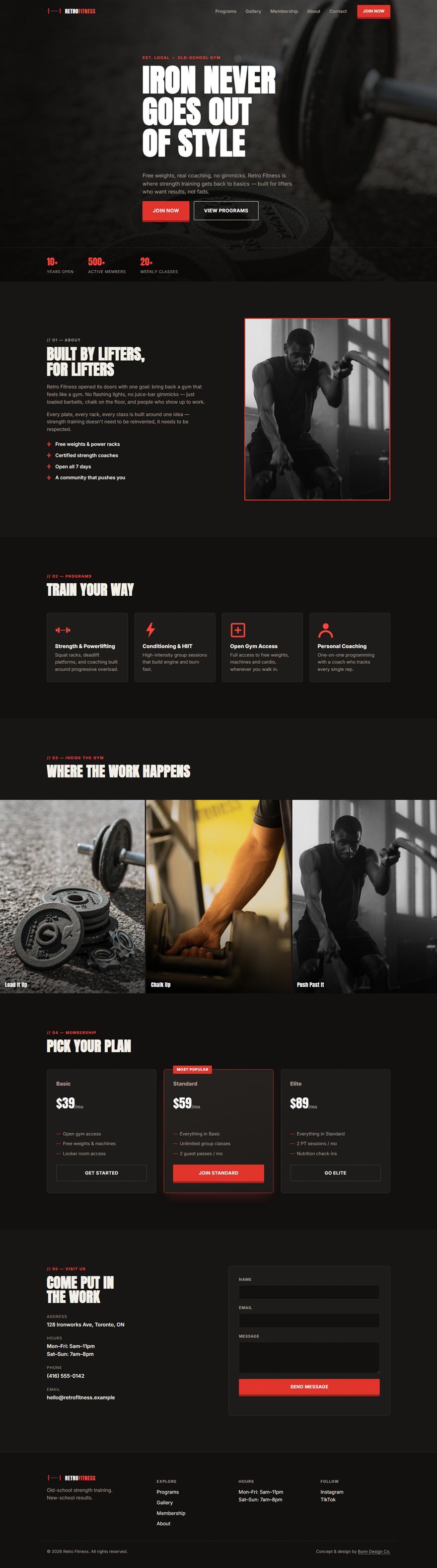 Full scrolling view of the Retro Fitness concept website homepage — hero, programs, gallery and membership plans.
