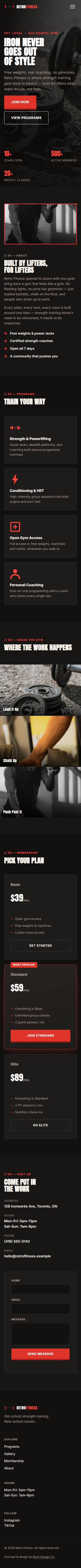 Full scrolling view of the Retro Fitness concept website on mobile.
