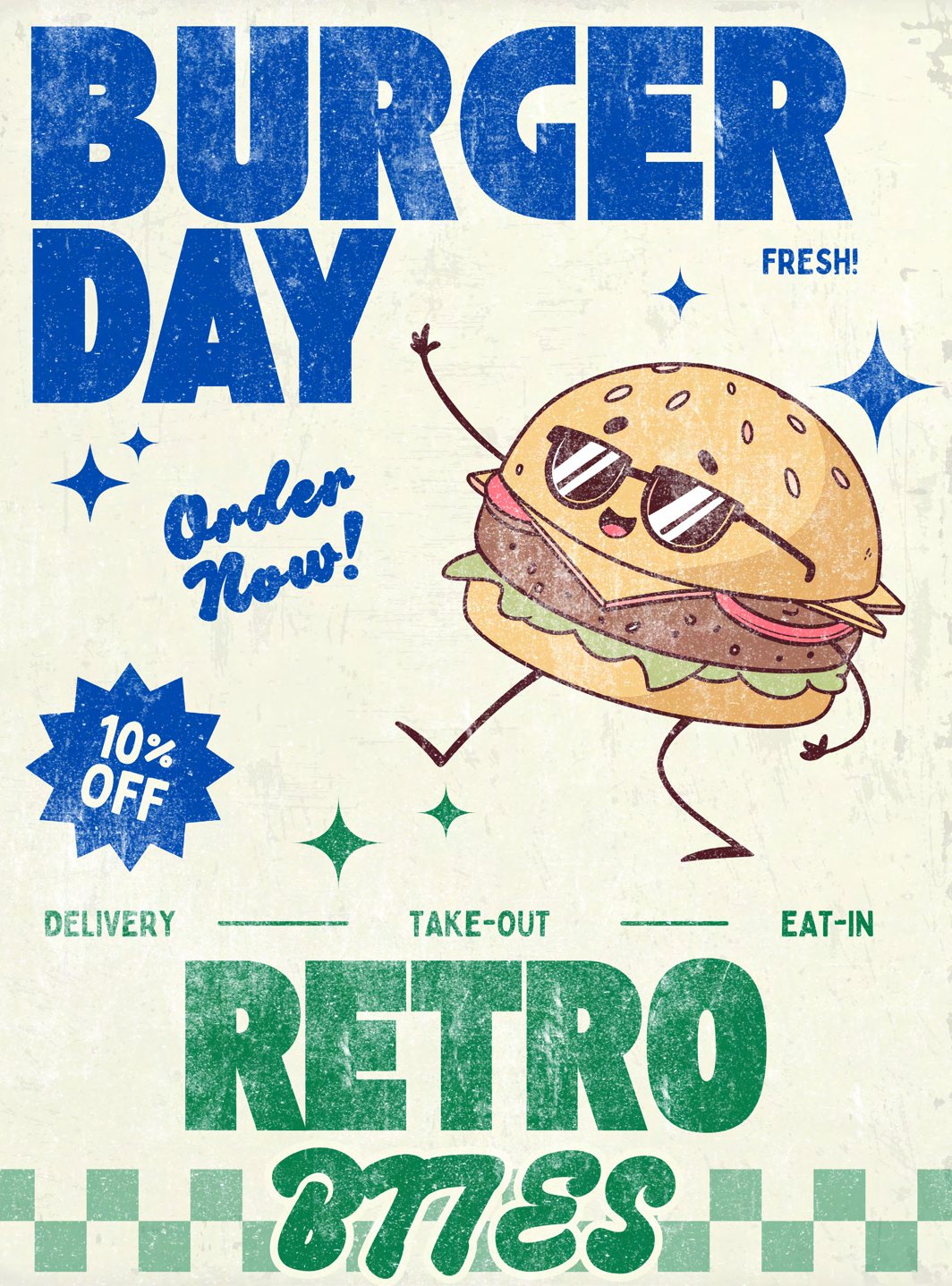 Flat view of the Retro Bites Burger Day poster: a cartoon burger mascot with stacked blue and green display type.