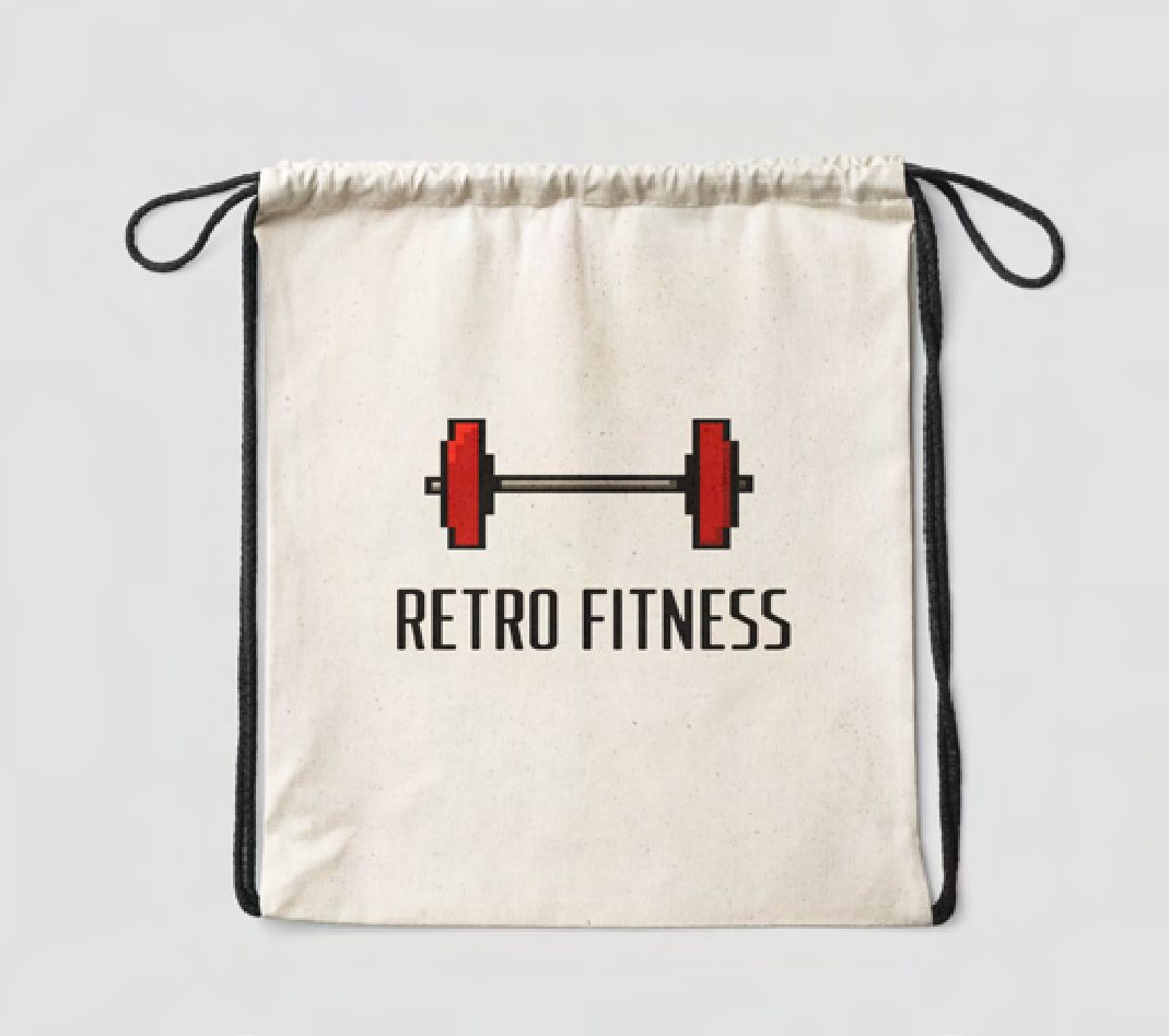 A natural canvas drawstring bag screen-printed with the Retro Fitness dumbbell logo.