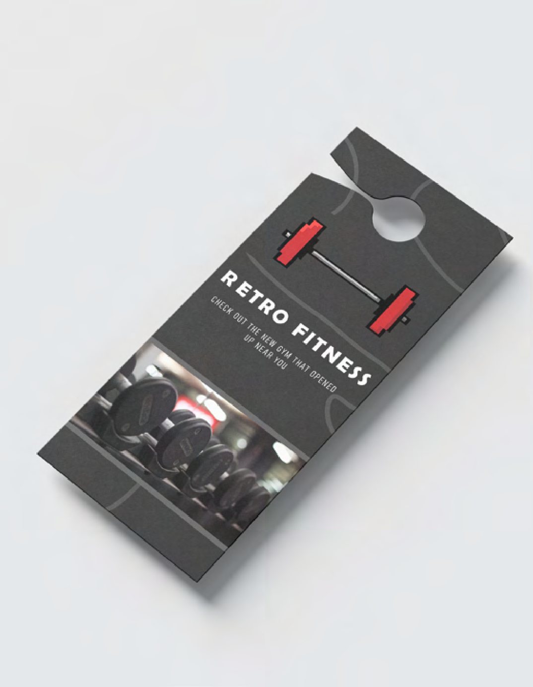 A dark hanging door sign for Retro Fitness with the dumbbell mark and opening details.