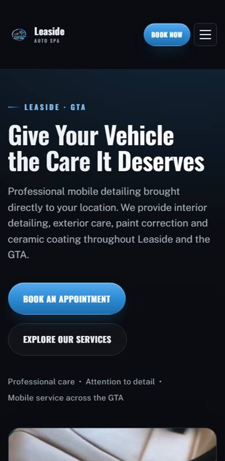 The Leaside Auto Spa website shown on a phone-width screen.
