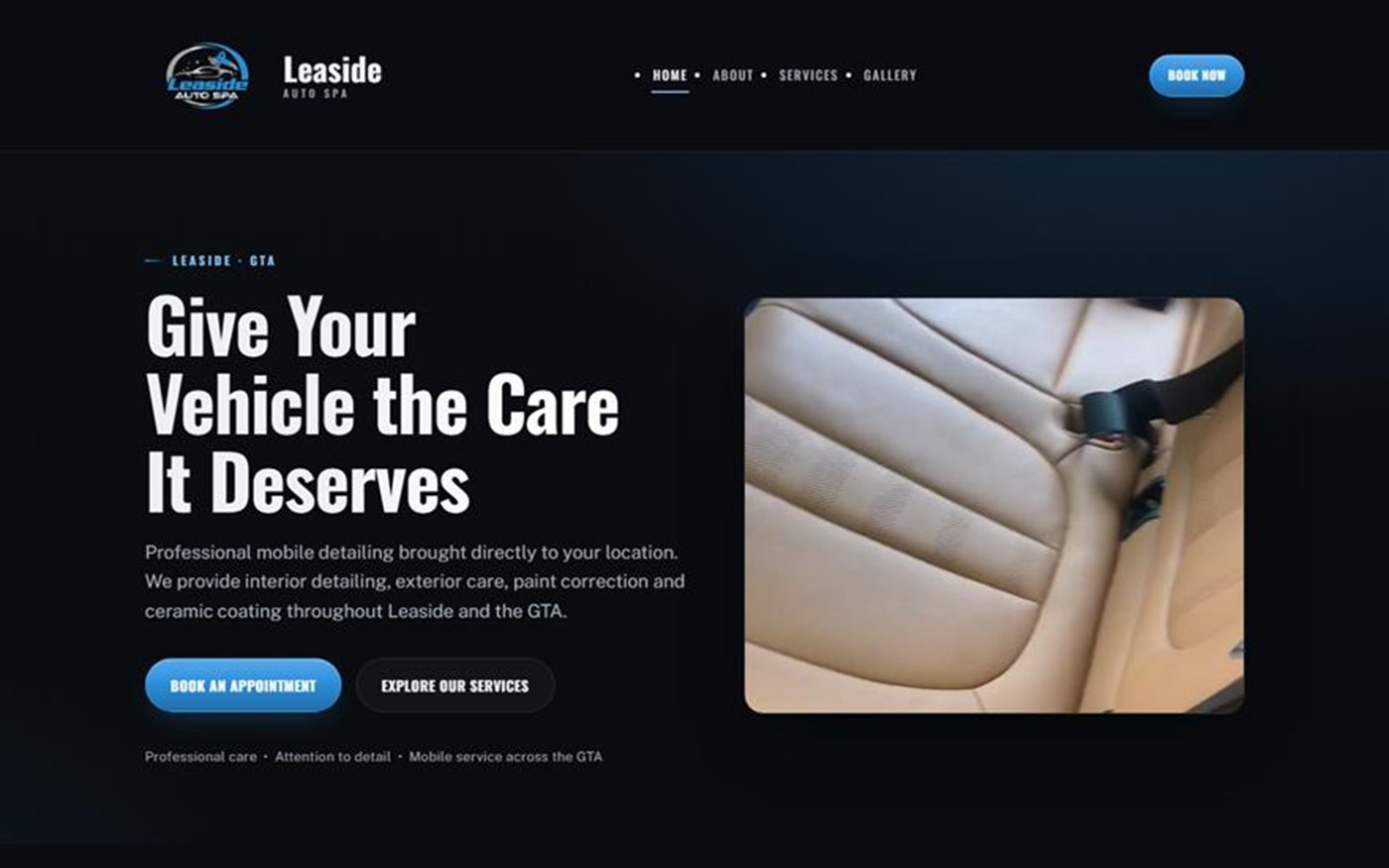 The Leaside Auto Spa website home page, with a detailing photograph beside the headline.