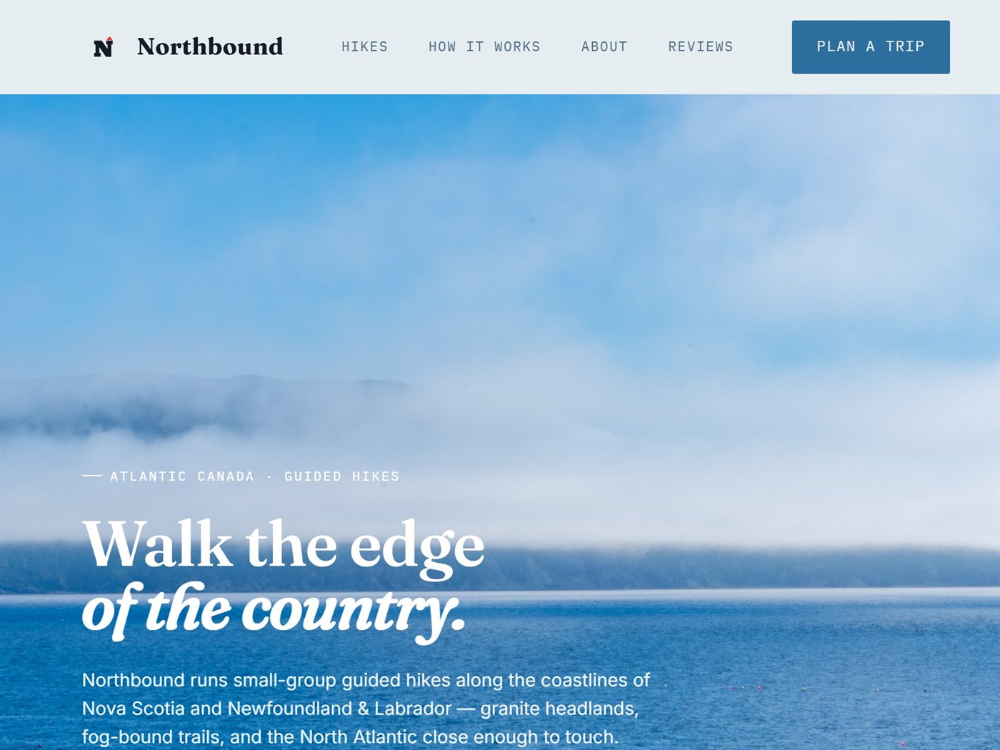 The Northbound Hiking website home page, with a coastal photograph behind the headline.