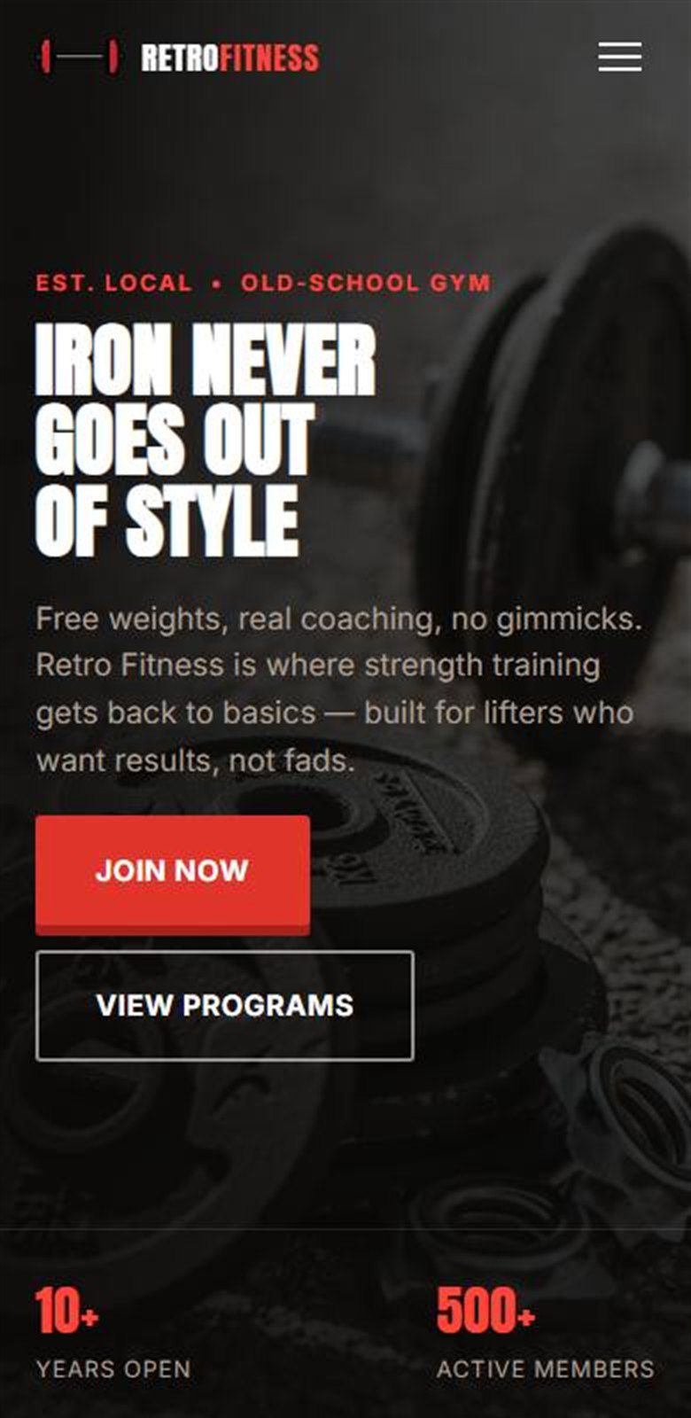 The Retro Fitness website shown on a phone-width screen.