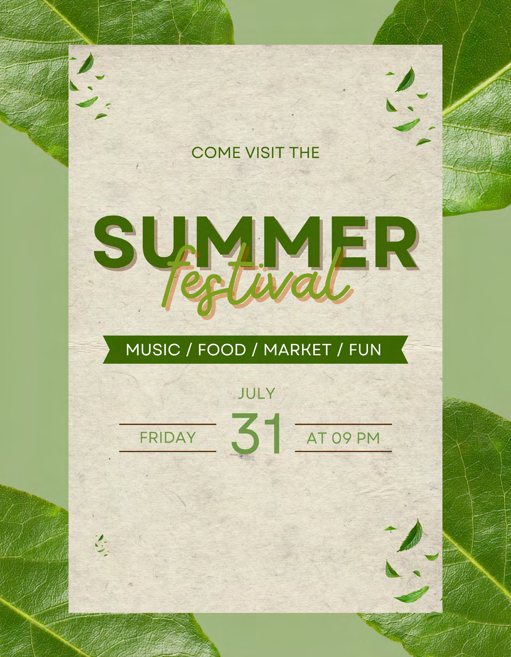 Summer Festival event flyer with green foliage borders and centred serif type.